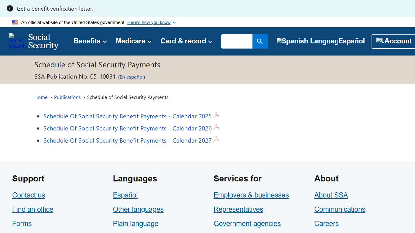 Schedule of Social Security Payments SSA